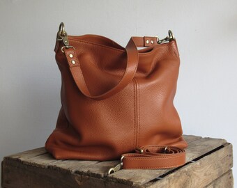 Brown leather shoulder bag, pebbled leather slouchy purse, medium sized crossbody bag