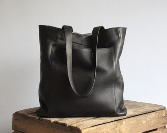 Black Leather Purse, Shopper Tote Bag, Book Bag, Soft Shoulder Bag