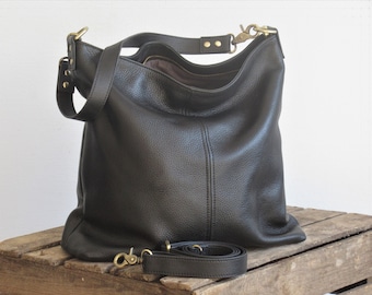 Black leather shoulder bag, small tote, leather hobo purse, zipper top