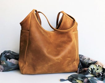 Camel leather shoulder bag, genuine leather tote, purse with 7 pockets