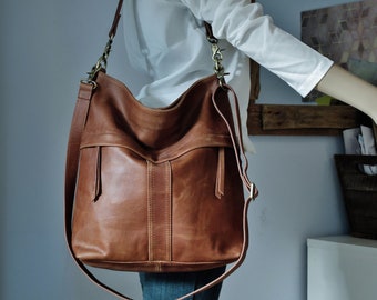 Tan leather purse, shoulder bag with crossbody strap