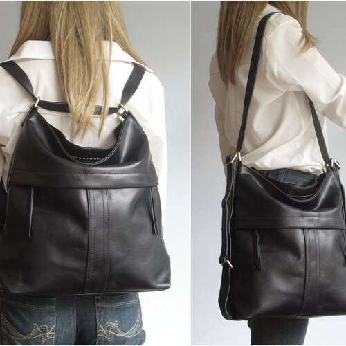 Black Leather Backpack Convertible Backpack Crossbody Tote - Etsy
