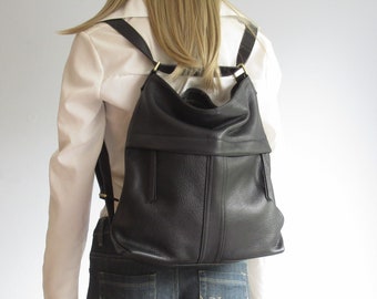 Black backpack, leather convertible shoulder bag with backpack function