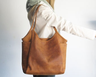 Leather tote bag woman, camel shoulder bag, leather purse