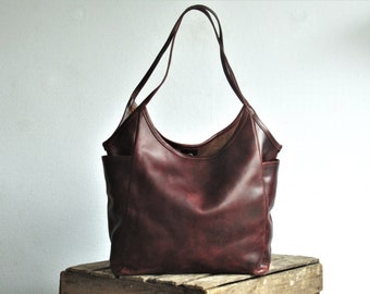 Brown leather bag, shoulder bag leather, leather tote with pockets, leather purse woman, distressed leather bag