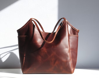 Leather tote bag woman, brown shoulder bag, leather purse