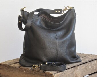 Black leather shoulder bag, small tote, leather hobo purse, zipper top