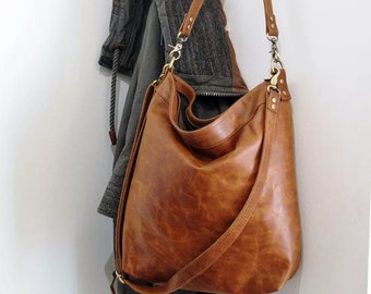 Cognac leather shoulder bag with crossbody strap, large purse