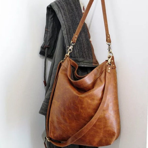 Cognac leather shoulder bag with crossbody strap, large purse