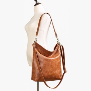 Cognac leather shoulder bag with crossbody strap, large purse image 2