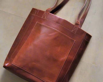 Cognac Leather Tote Bag: Rustic Shopper Purse, 13" Laptop Carryall