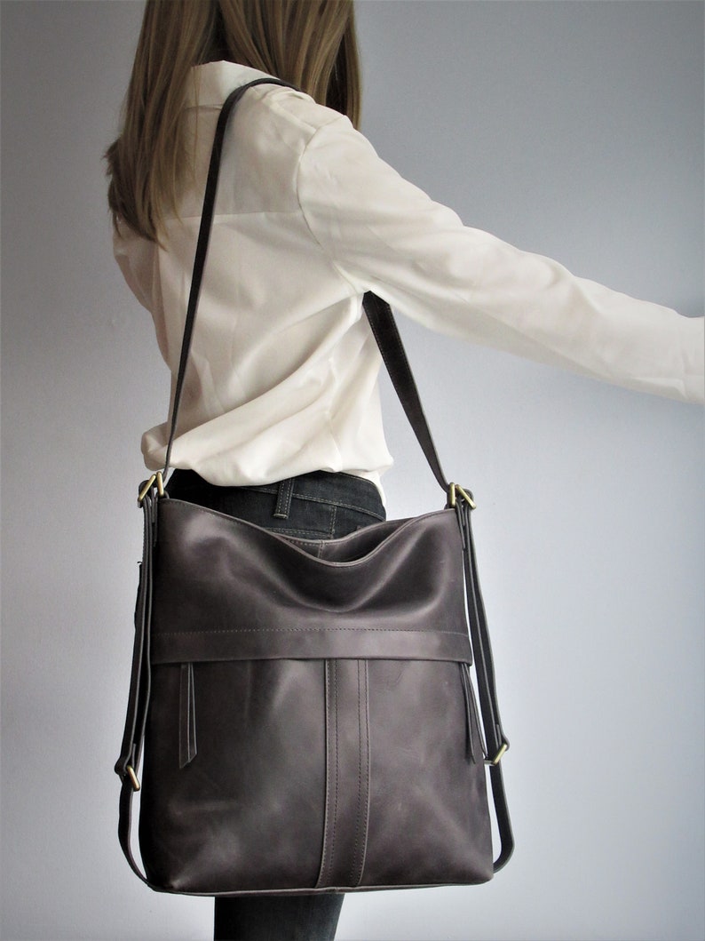 Grey leather shoulder bag convertible backpack, distressed leather purse image 7