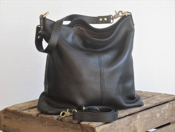 Black Leather Shoulder Bag Small Tote Leather Hobo Purse 