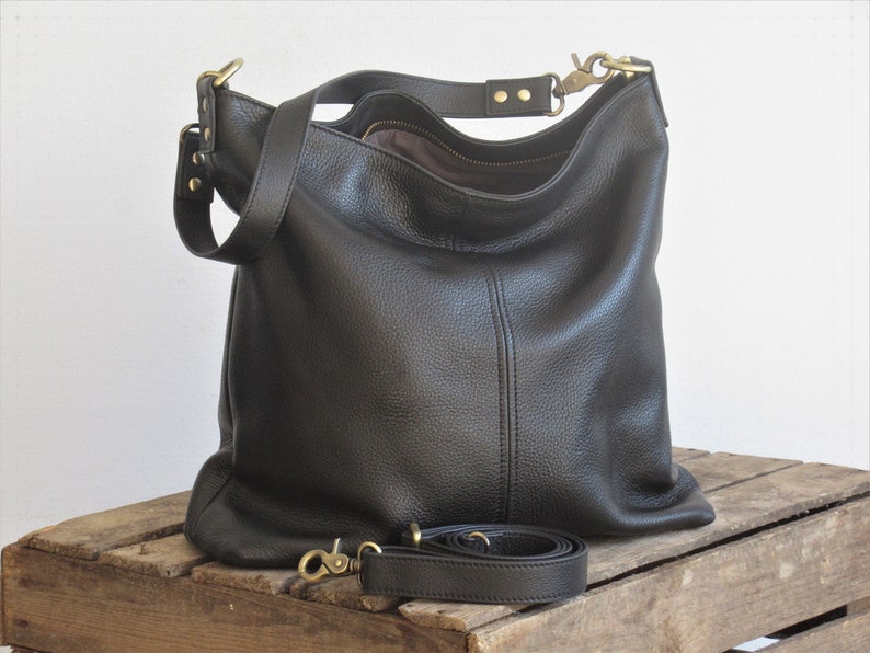 Black leather shoulder bag, small tote, leather hobo purse, zipper top image 1