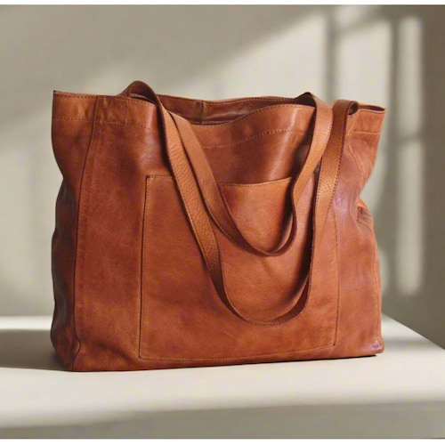 Handcrafted cognac leather shopper, large market bag, laptop tote