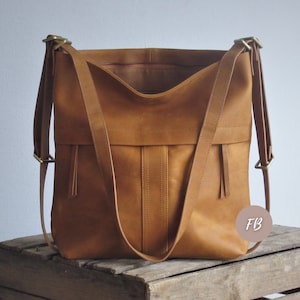 Camel leather convertible backpack, multifunctional bag, diaper shoulder bag image 5