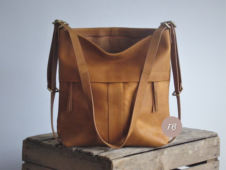 Camel leather convertible backpack, multifunctional bag, diaper shoulder bag image 5