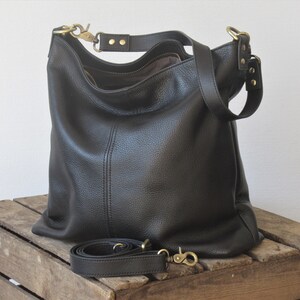 Black leather shoulder bag, small tote, leather hobo purse, zipper top image 4