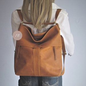 Camel leather convertible backpack, multifunctional bag, diaper shoulder bag image 6