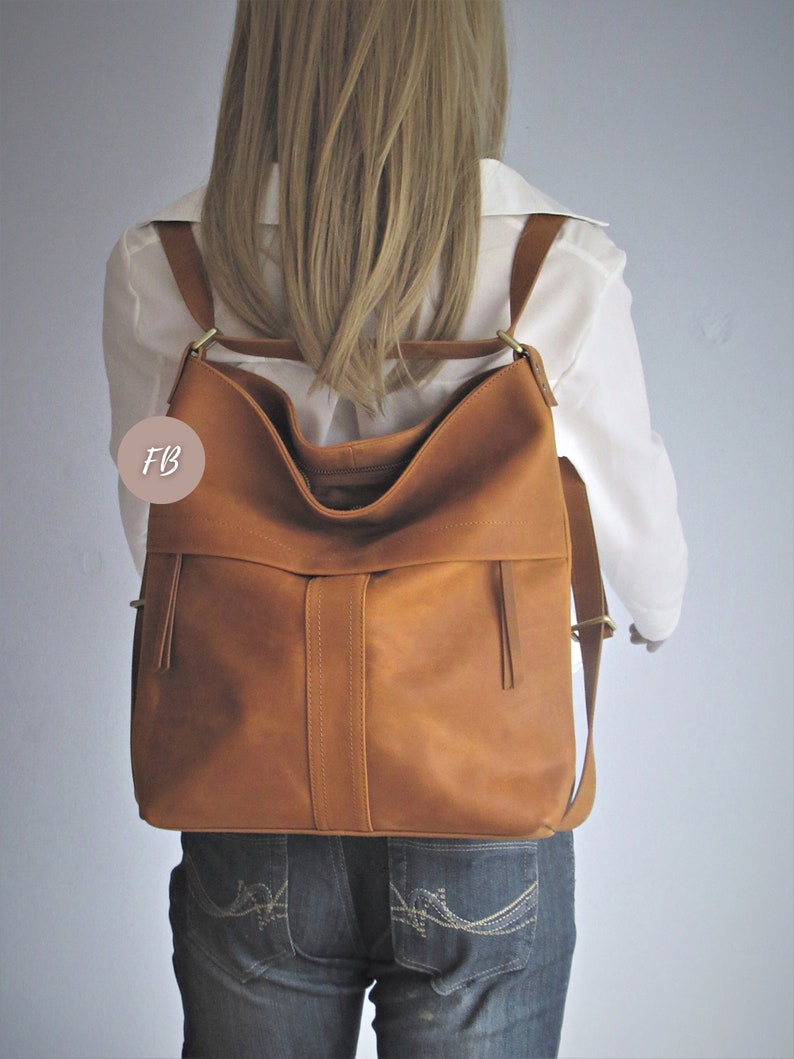 Camel leather convertible backpack, multifunctional bag, diaper shoulder bag image 6