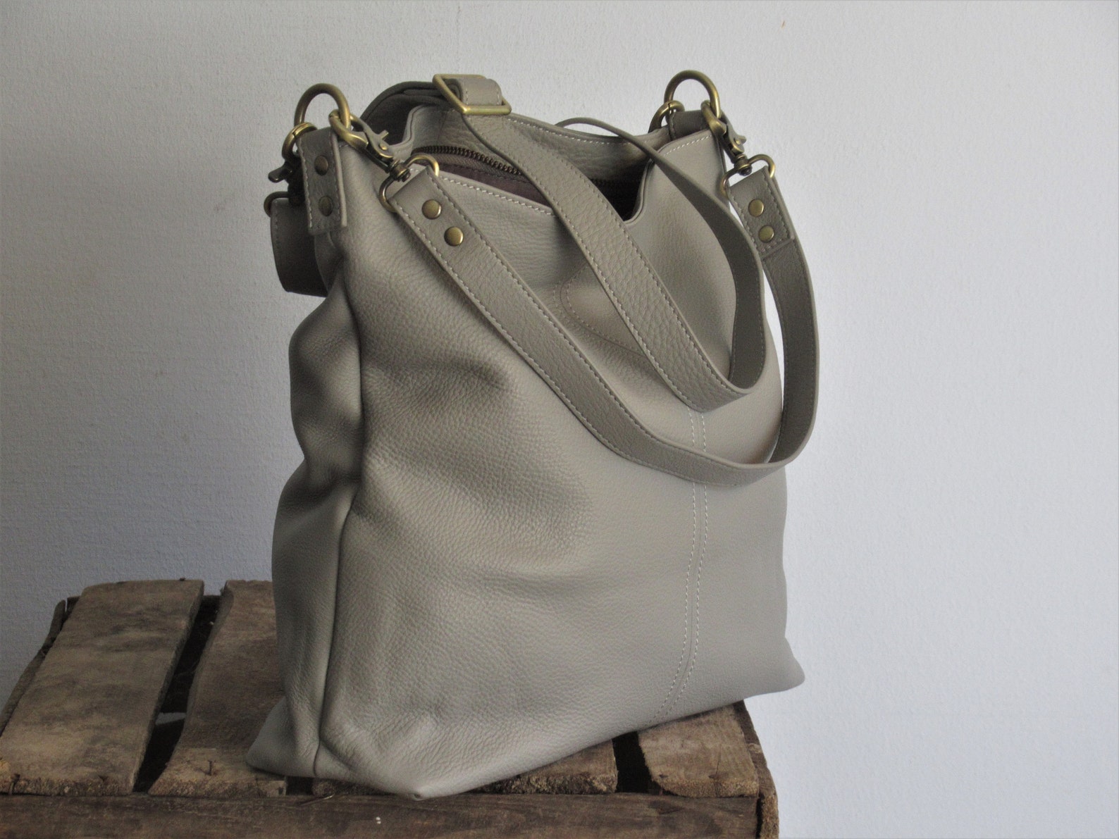 Grey Leather Shoulder Bag Small Slouchy Purse Lightweight Etsy