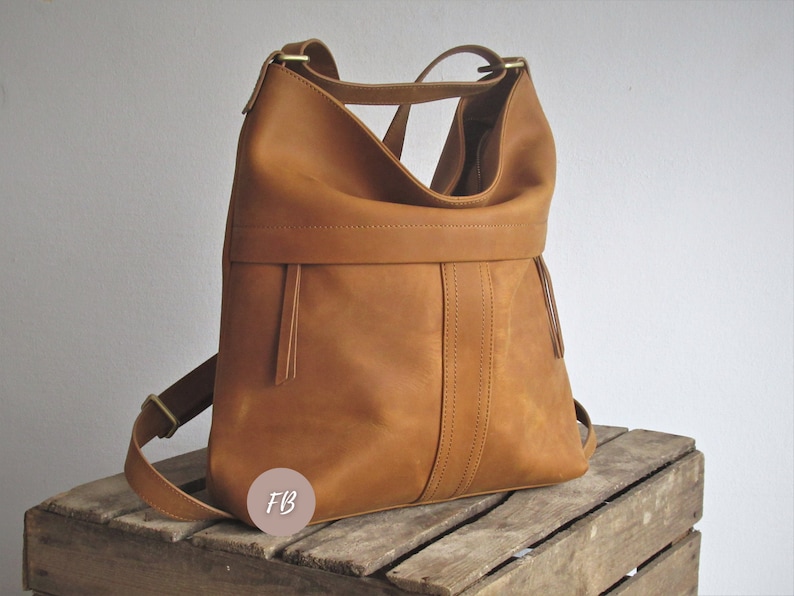 Camel leather convertible backpack, multifunctional bag, diaper shoulder bag image 8