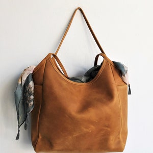 Leather tote bag woman, camel shoulder bag, leather purse image 5
