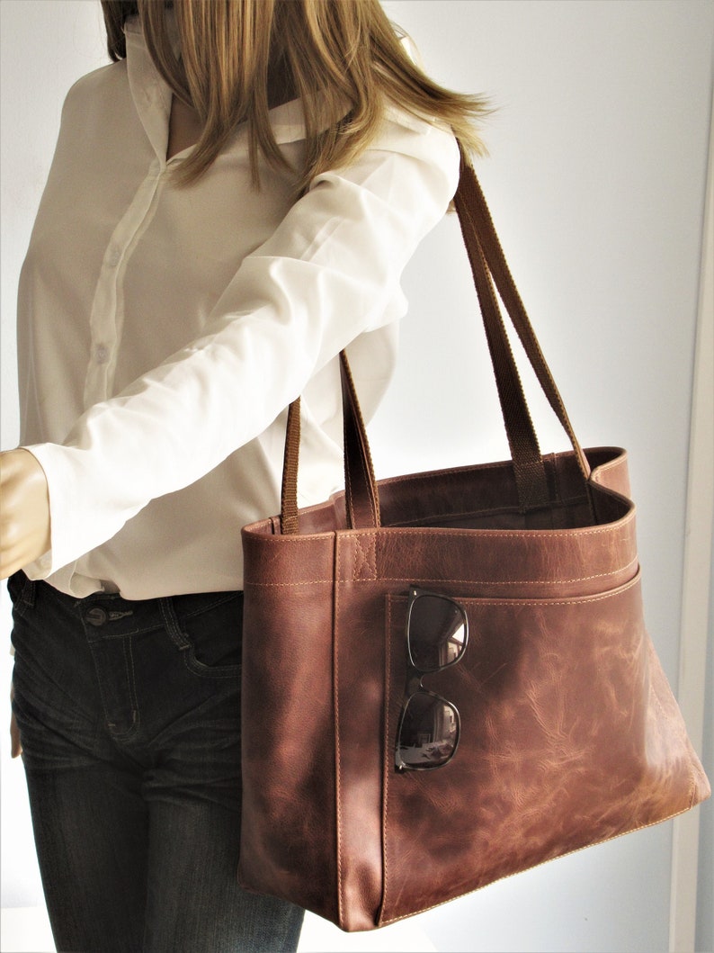 Large leather tote bag, laptop bag, large shoulder bag image 3