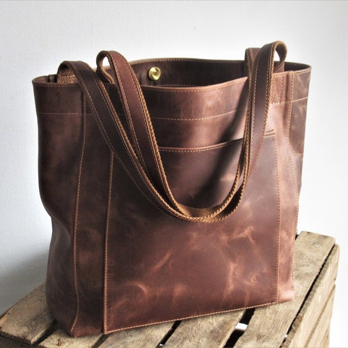 Brown Leather Tote Shoulder Leather Bag Leather Tote Bag Etsy