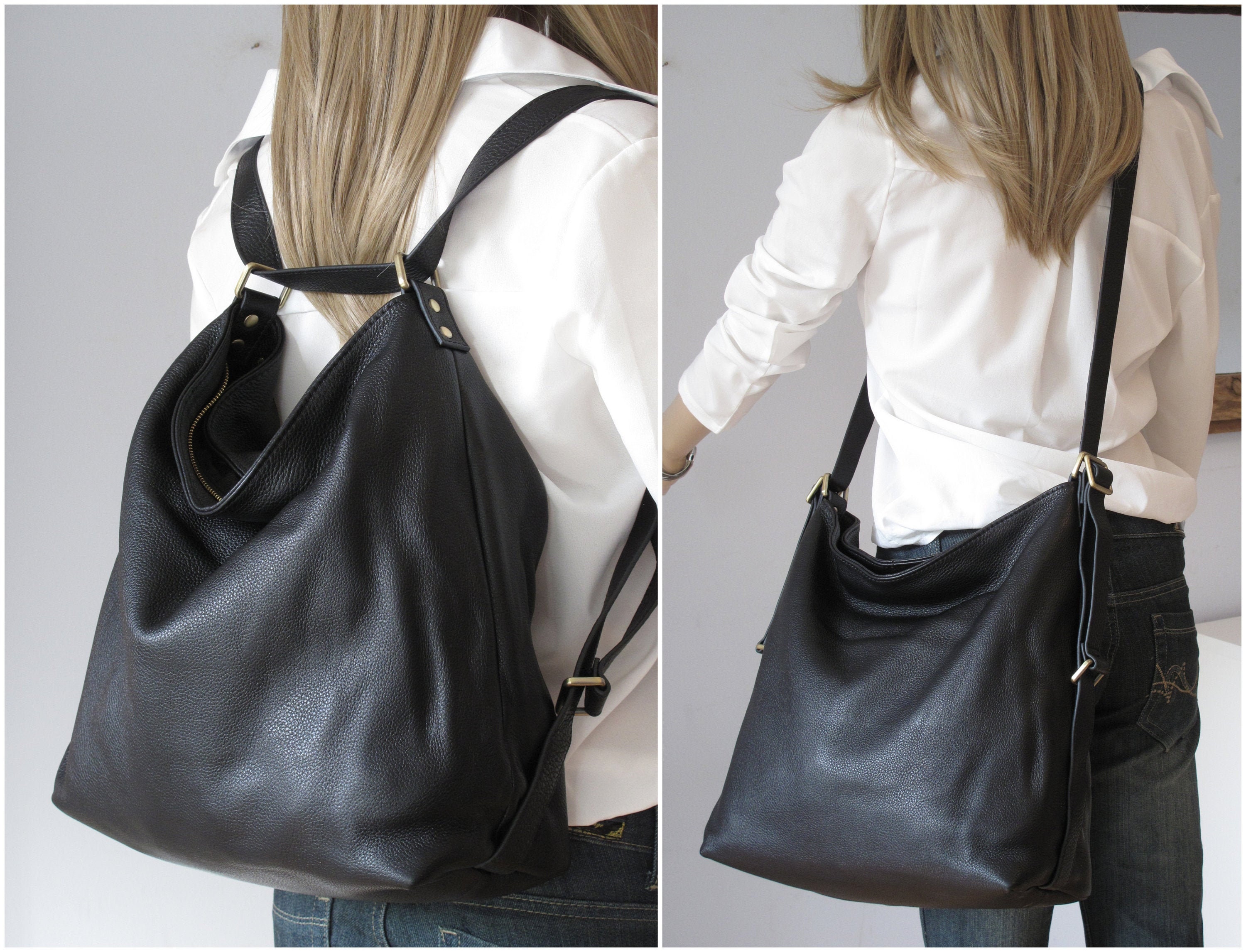 Black leather backpack shoulder bag crossbody purse diaper Etsy