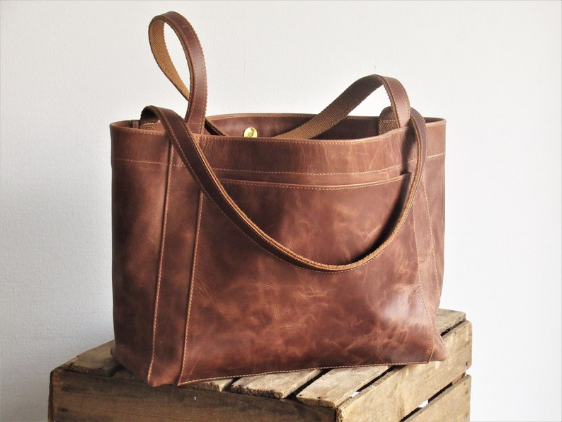 Large leather tote bag, laptop bag, large shoulder bag image 1
