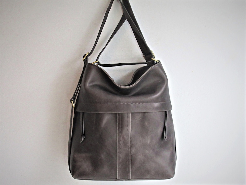 Grey leather shoulder bag convertible backpack, distressed leather purse image 1