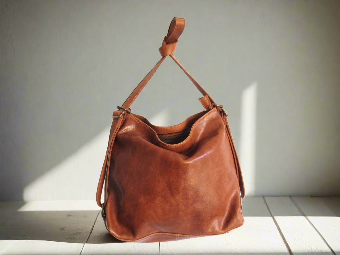 Convertible Tan Leather Backpack – 3-way Soft Crossbody  display picture 1