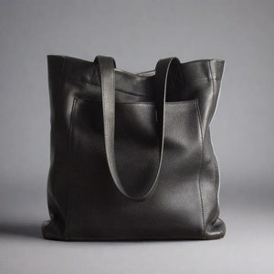Black Leather Purse, Shopper Tote Bag, Book Bag, Soft Shoulder Bag image 1