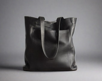 Black Leather Purse, Shopper Tote Bag, Book Bag, Soft Shoulder Bag