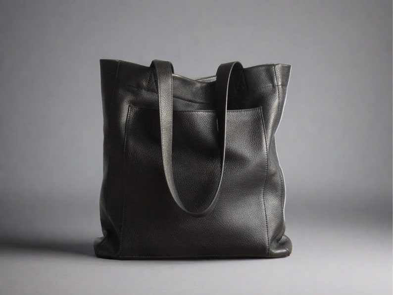 Black Leather Purse, Shopper Tote Bag, Book Bag, Soft Shoulder Bag image 1