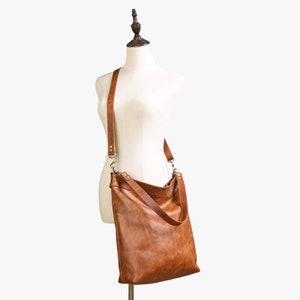 Cognac leather shoulder bag with crossbody strap, large purse image 5