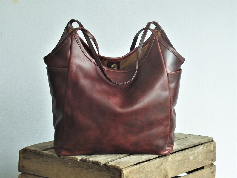 Sac en cuir marron, sac à bandoulière en cuir, cabas en cuir avec poches, sac à main en cuir pour femme, sac en cuir vieilli image 5