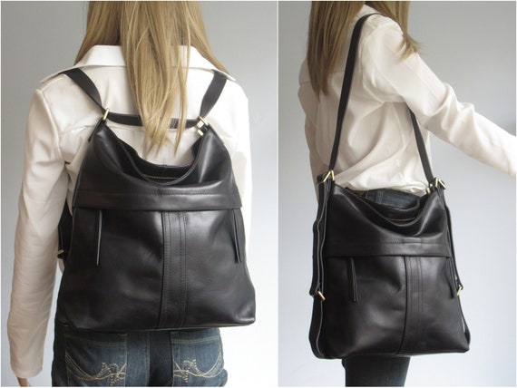 Black Leather Convertible Backpack Shoulder Bag Crossbody 