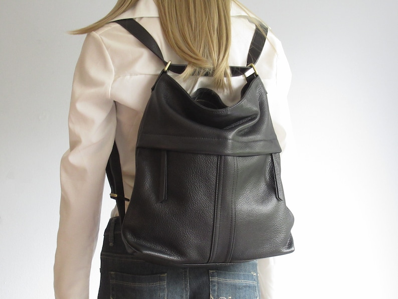 Convertible leather backpack, black shoulder bag with double function image 6