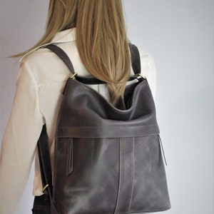 Grey leather shoulder bag convertible backpack, distressed leather purse image 8