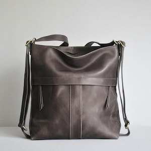 Grey Leather Convertible Backpack: Slouchy Hobo Crossbody Bag