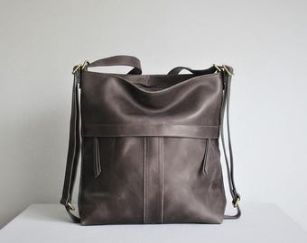 Grey Leather Convertible Backpack: Slouchy Hobo Crossbody Bag