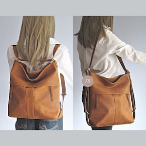 Camel leather convertible backpack, multifunctional bag, diaper shoulder bag image 1