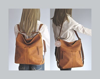 Camel leather convertible backpack, multifunctional bag, diaper shoulder bag