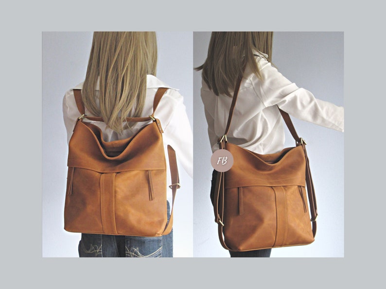 Camel leather convertible backpack, multifunctional bag, diaper shoulder bag image 1