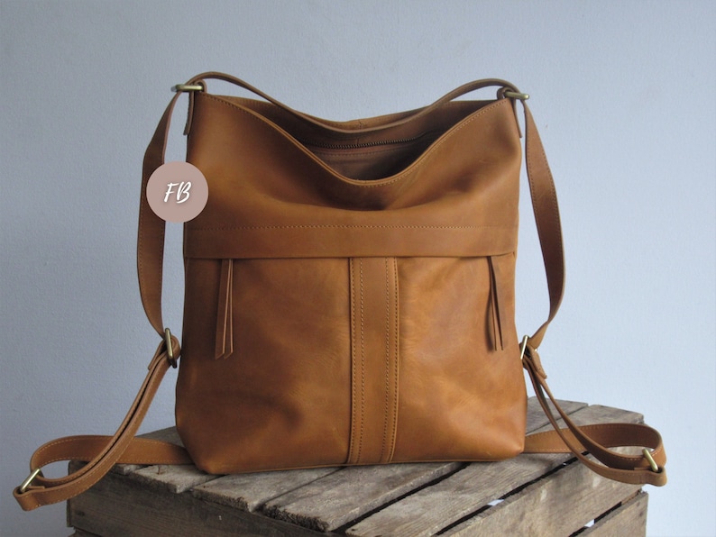Camel leather convertible backpack, multifunctional bag, diaper shoulder bag image 3