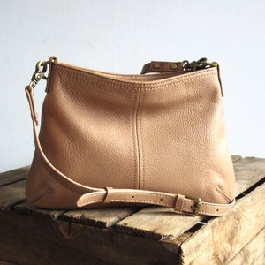 Mini leather crossbody bag, small slouchy purse, evening bag, clutch Nude