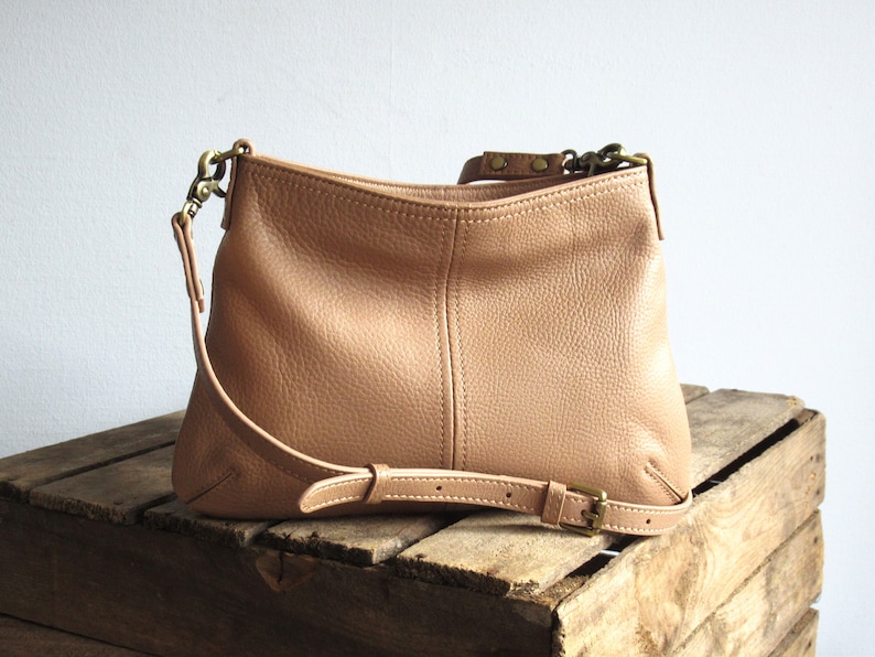 Mini leather crossbody bag, small slouchy purse, evening bag, clutch Nude