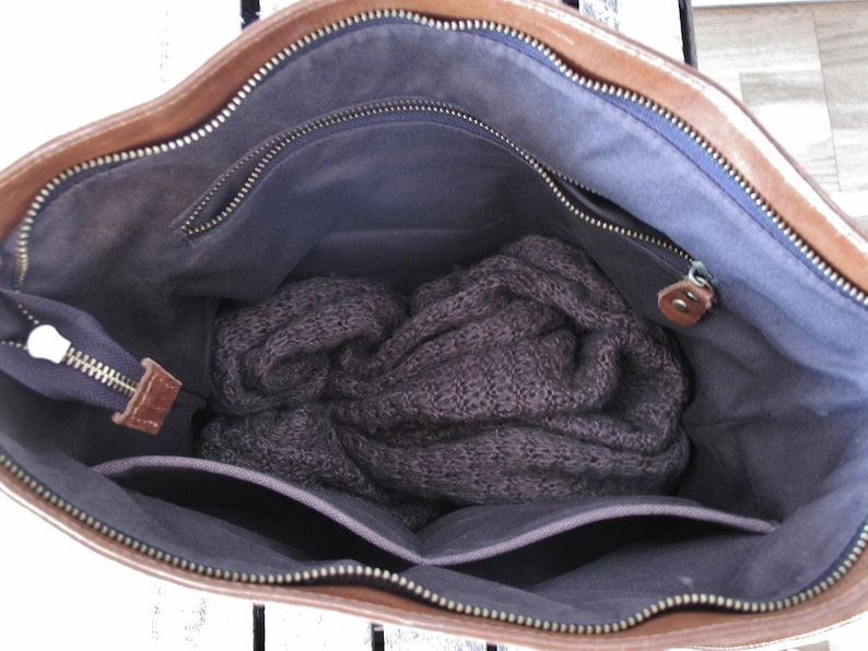 Cognac leather shoulder bag with crossbody strap, large purse image 9